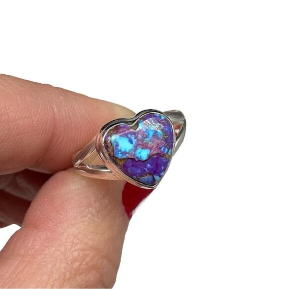 Kingman Turquoise Heart Ring Size 7 Solid 925 Sterling Silver Purple Blue Stone - Picture 5 of 8